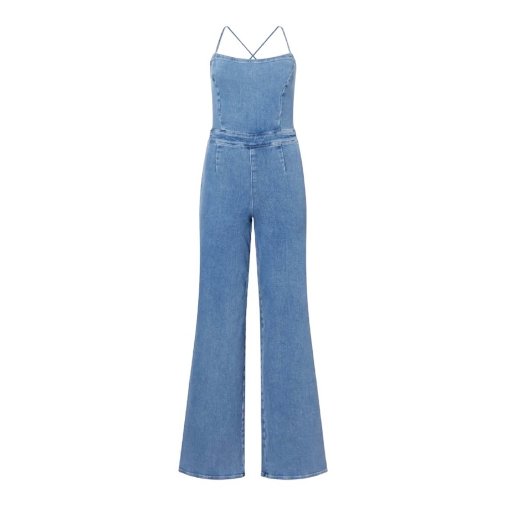 GOOD AMERICAN Vacay Denim Tie Back Flare Leg Jumpsuit NWT Size 0 - Picture 12 of 13